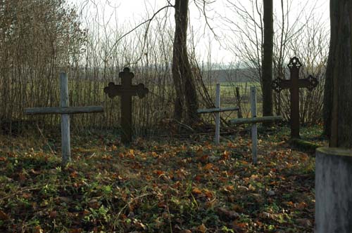 Fragment cmentarzyka. Ukradzione eliwne krzye zastpiono drewnianymi bezimiennymi. Widoczne krzye 1 i 2.